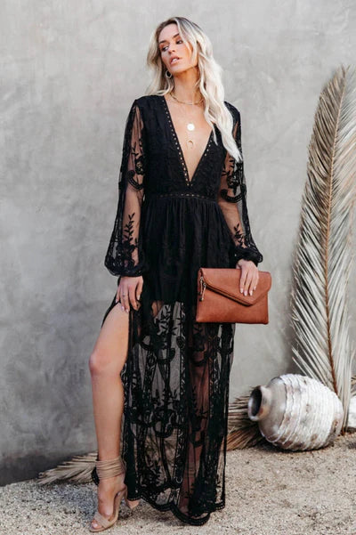 Lace Maxi Dress High Slit Wedding Guest Summer Evening