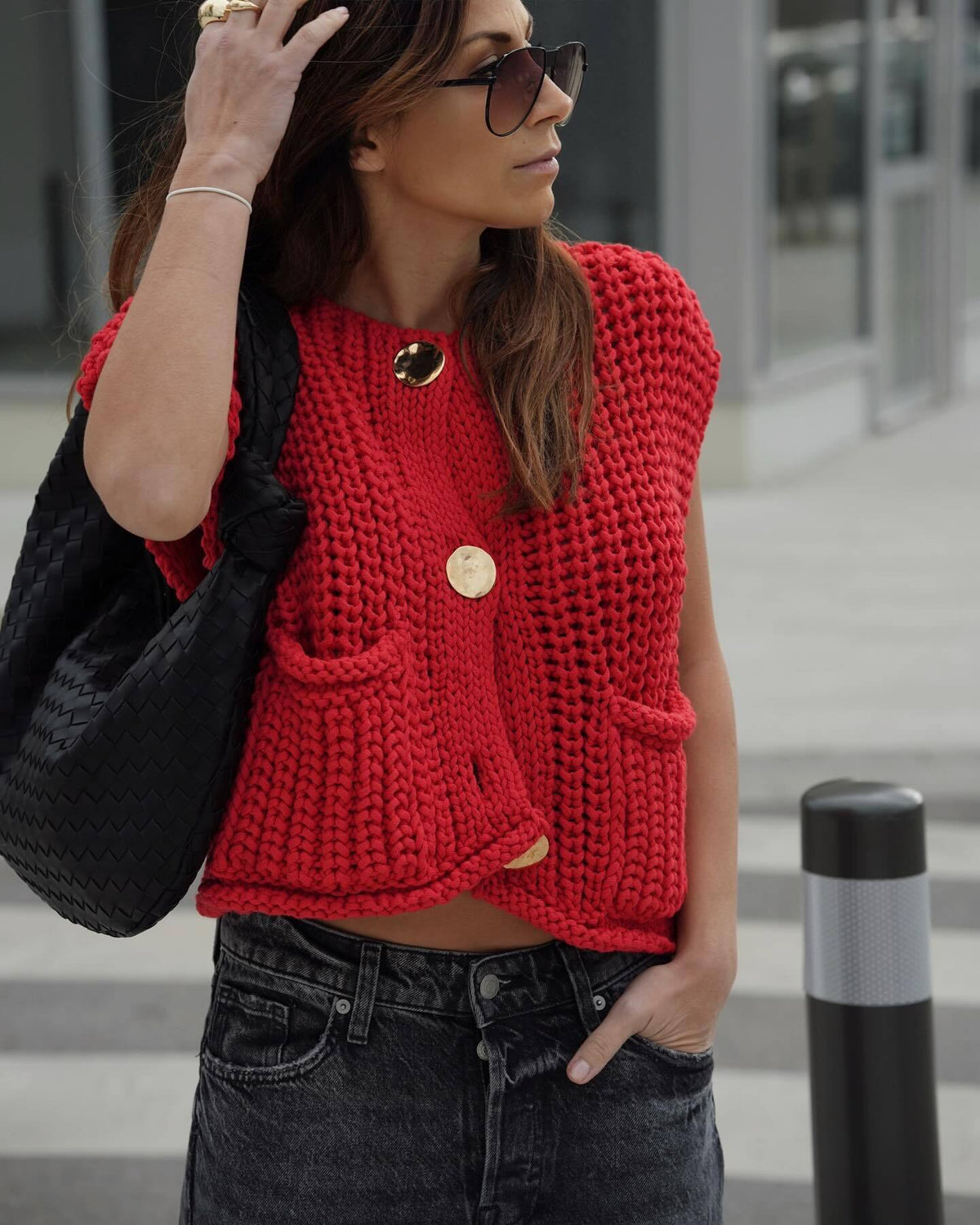 Women's Knit Waistcoat Sleeveless Gold Button Layering