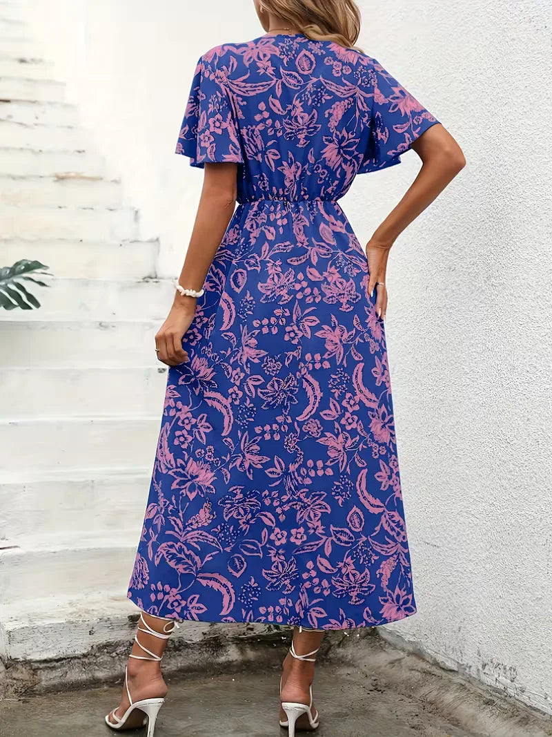 Floral Wrap Dress Midi V Neck Short Sleeve