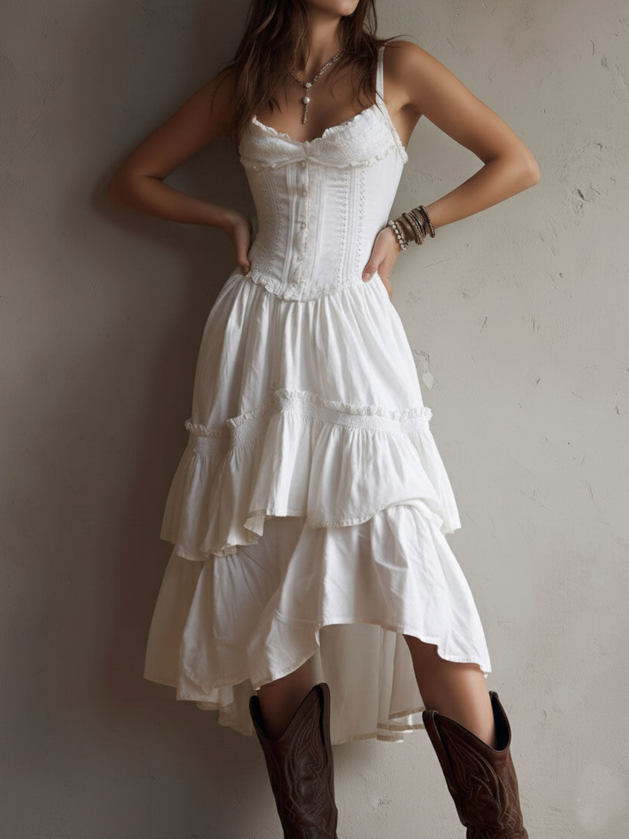 Olivia Newyork Marisol Corset Tiered Lace-Trim Midi Dress for Women, country-inspired style with lace details and a fitted bodice.