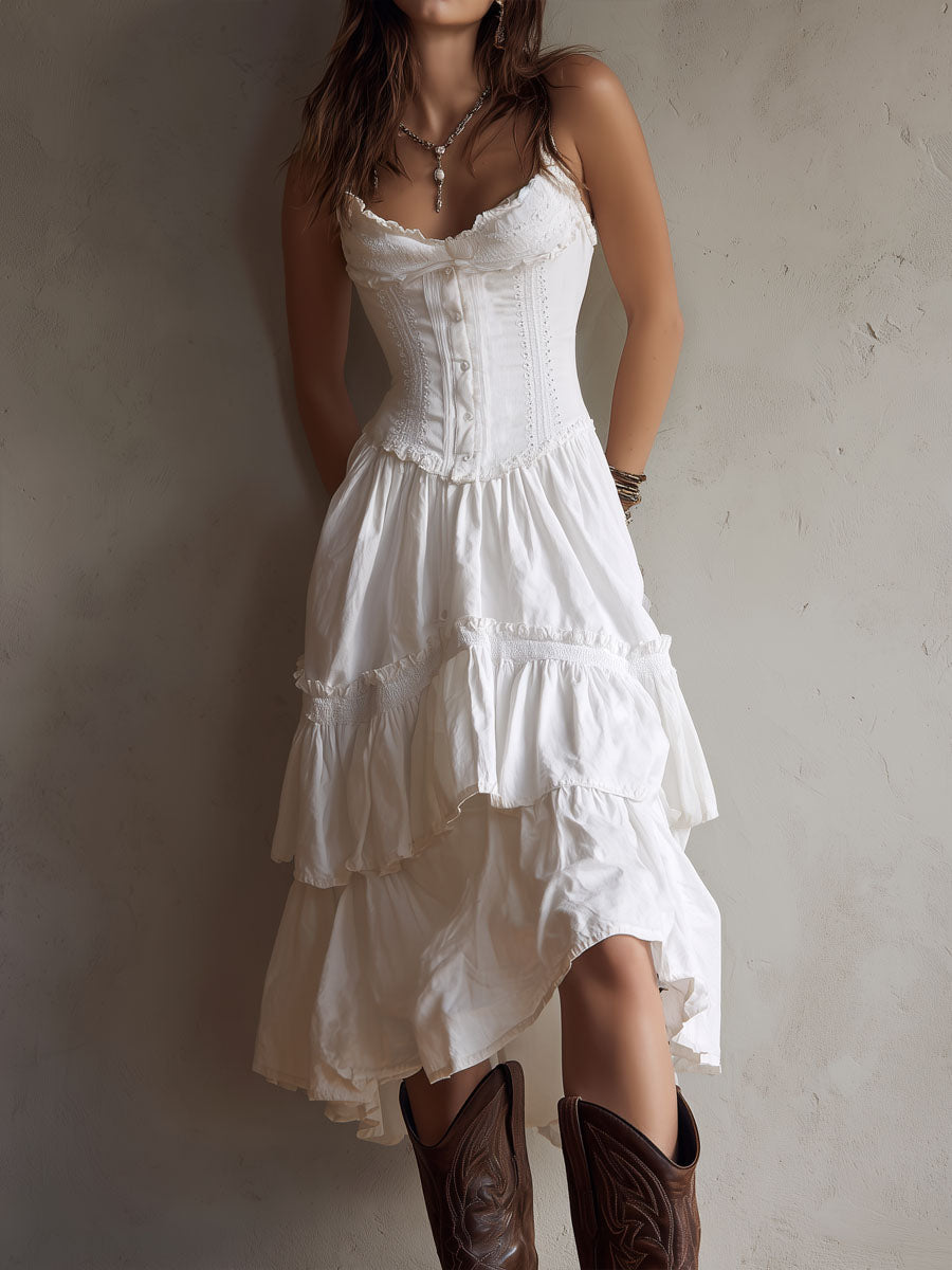 Olivia Newyork Marisol Corset Tiered Lace-Trim Midi Dress for Women, featuring a fitted bodice, layered skirt, and delicate lace details.