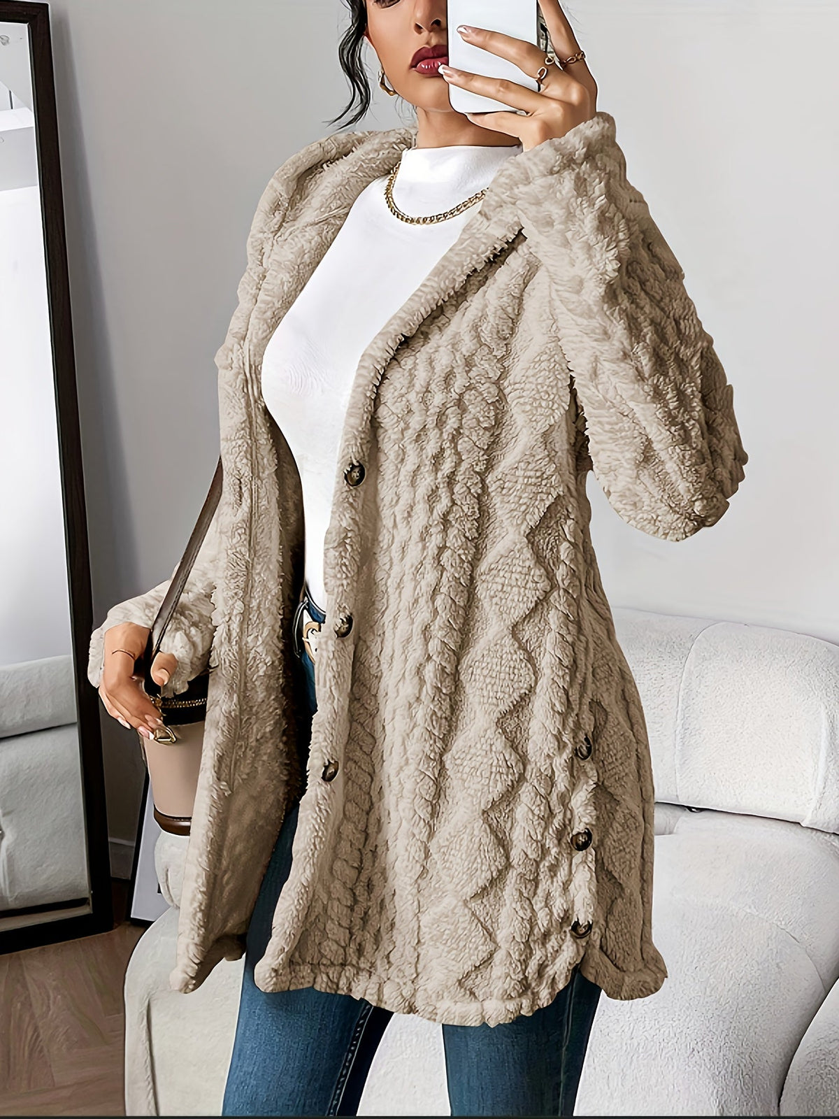 Plush Hooded Cardigan Fleece Open Front Long Sleeve Winter