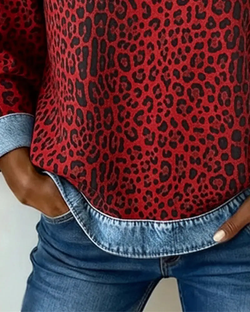 Women's Jumper Patchwork Leopard Print Denim Look Knit
