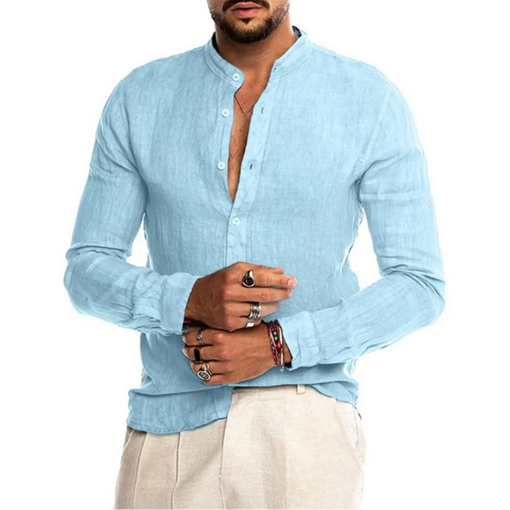 Grandad Collar Shirt Cotton Linen Summer