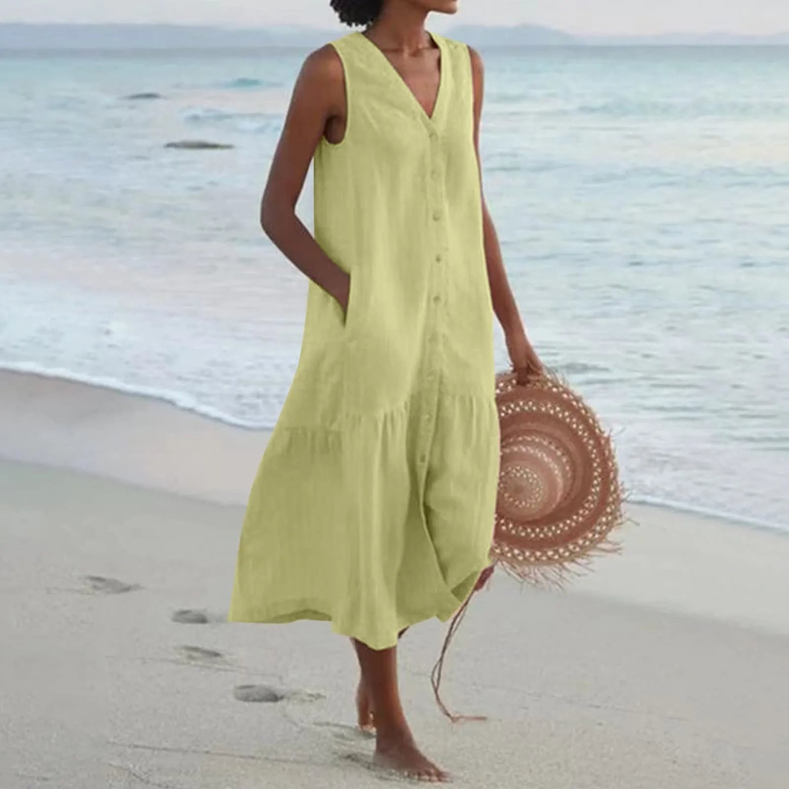 Button-Front V-Neck Midi Dress Summer