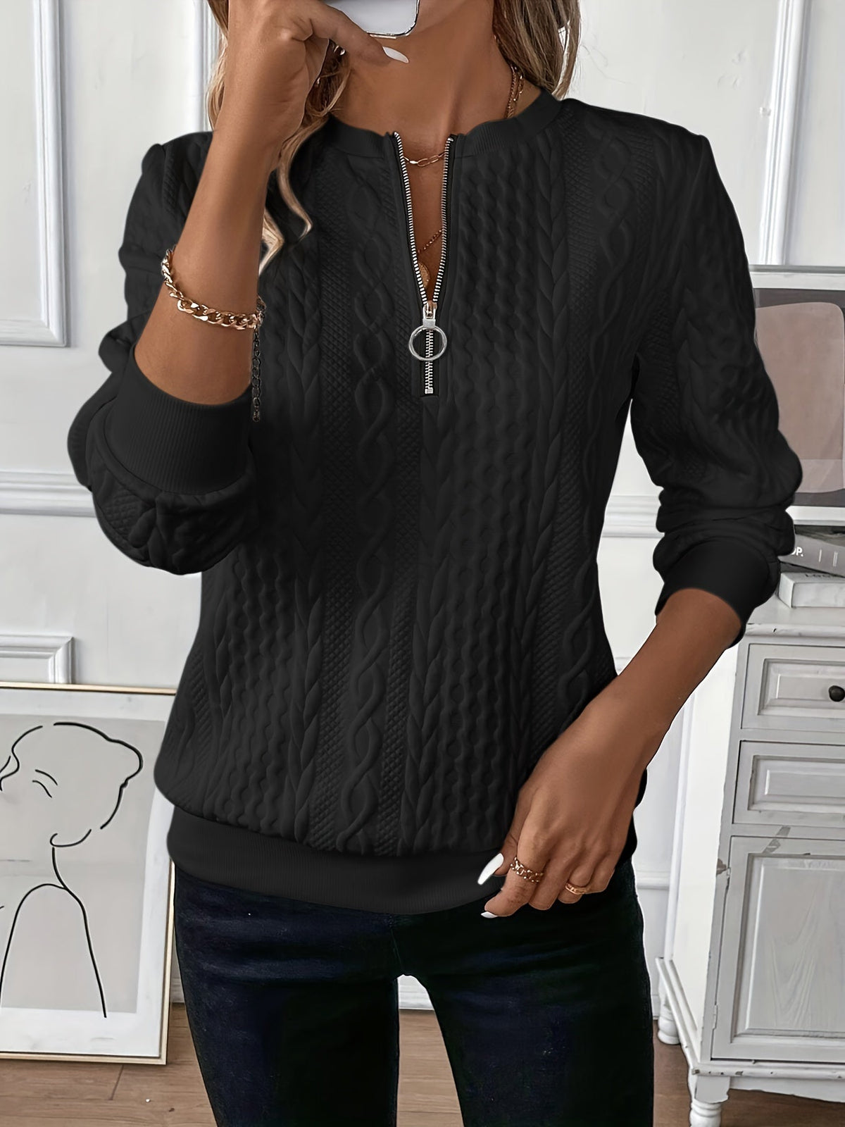 Zip Up Cable Knit Jumper Funnel Neck Layering Autumn