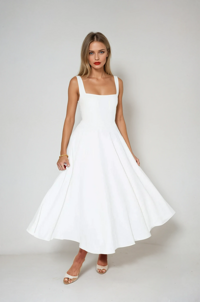 Square Neck Midi Dress Sleeveless Flared Skirt Summer