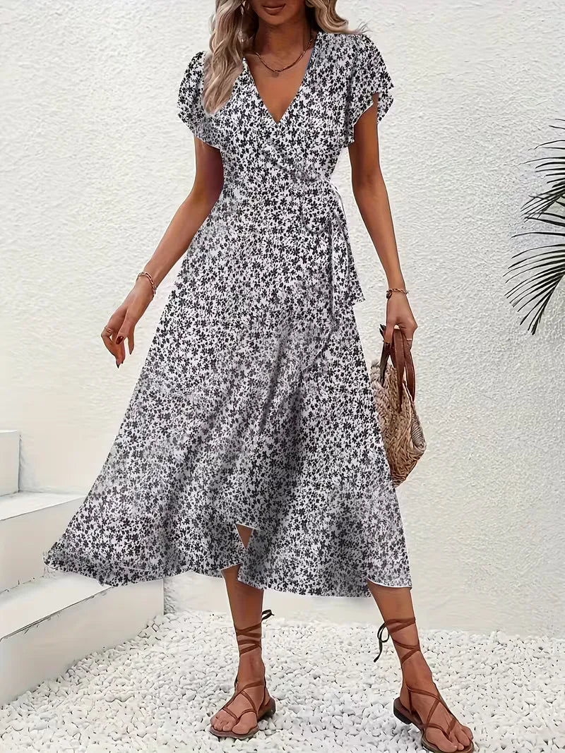 Floral Wrap Dress V Neck Short Sleeve Asymmetric