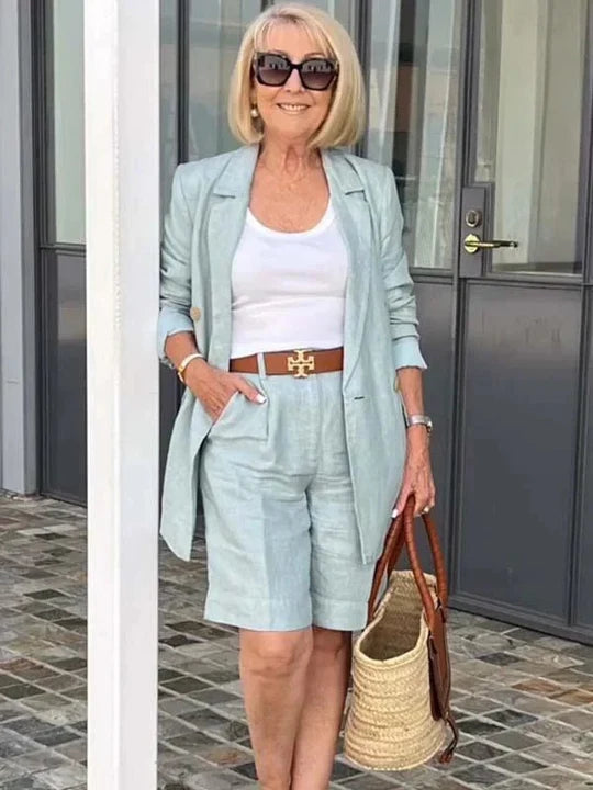 Linen Blazer And Shorts Two Piece Set Summer