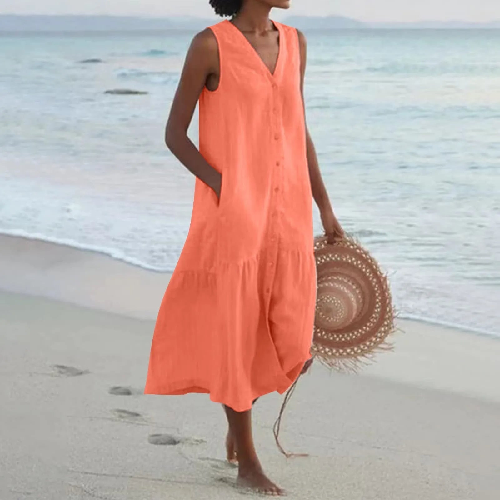 Button-Front V-Neck Midi Dress Summer