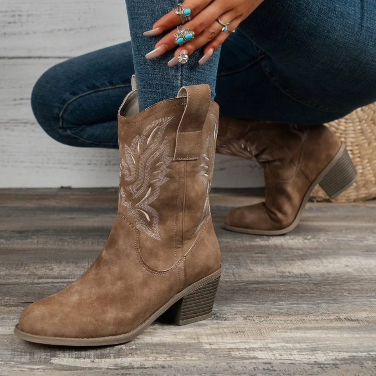 Ankle Cowboy Boots Western Block Heel Round Toe Women's