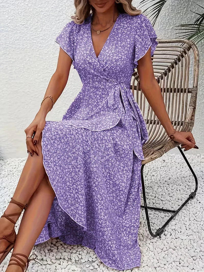 Floral Wrap Dress V Neck Short Sleeve Asymmetric