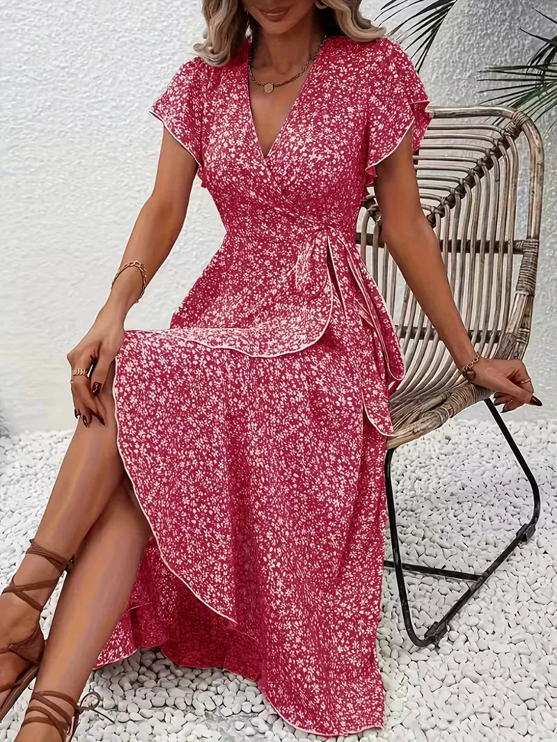 Floral Wrap Dress V Neck Short Sleeve Asymmetric
