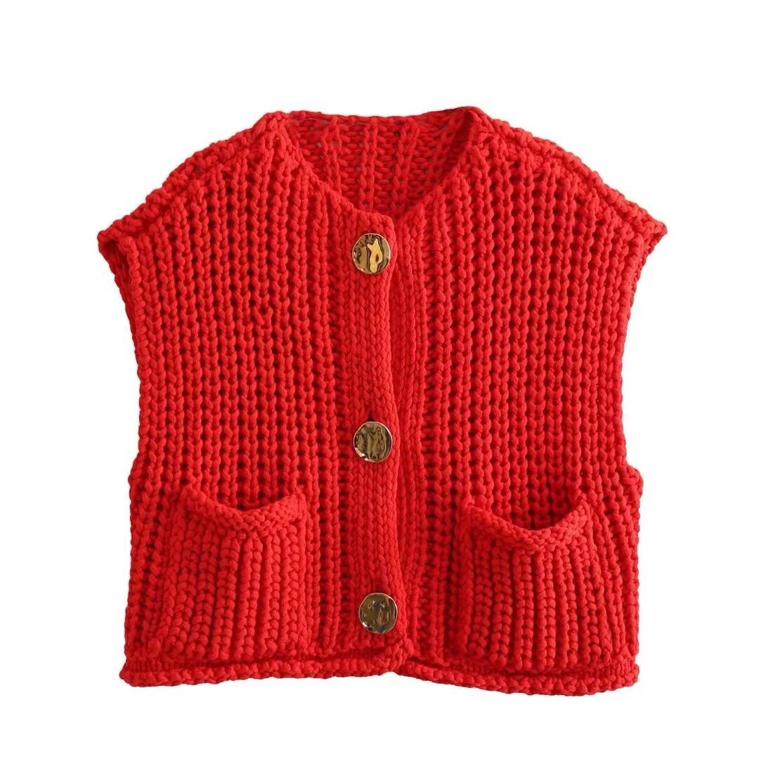 Women's Knit Waistcoat Sleeveless Gold Button Layering