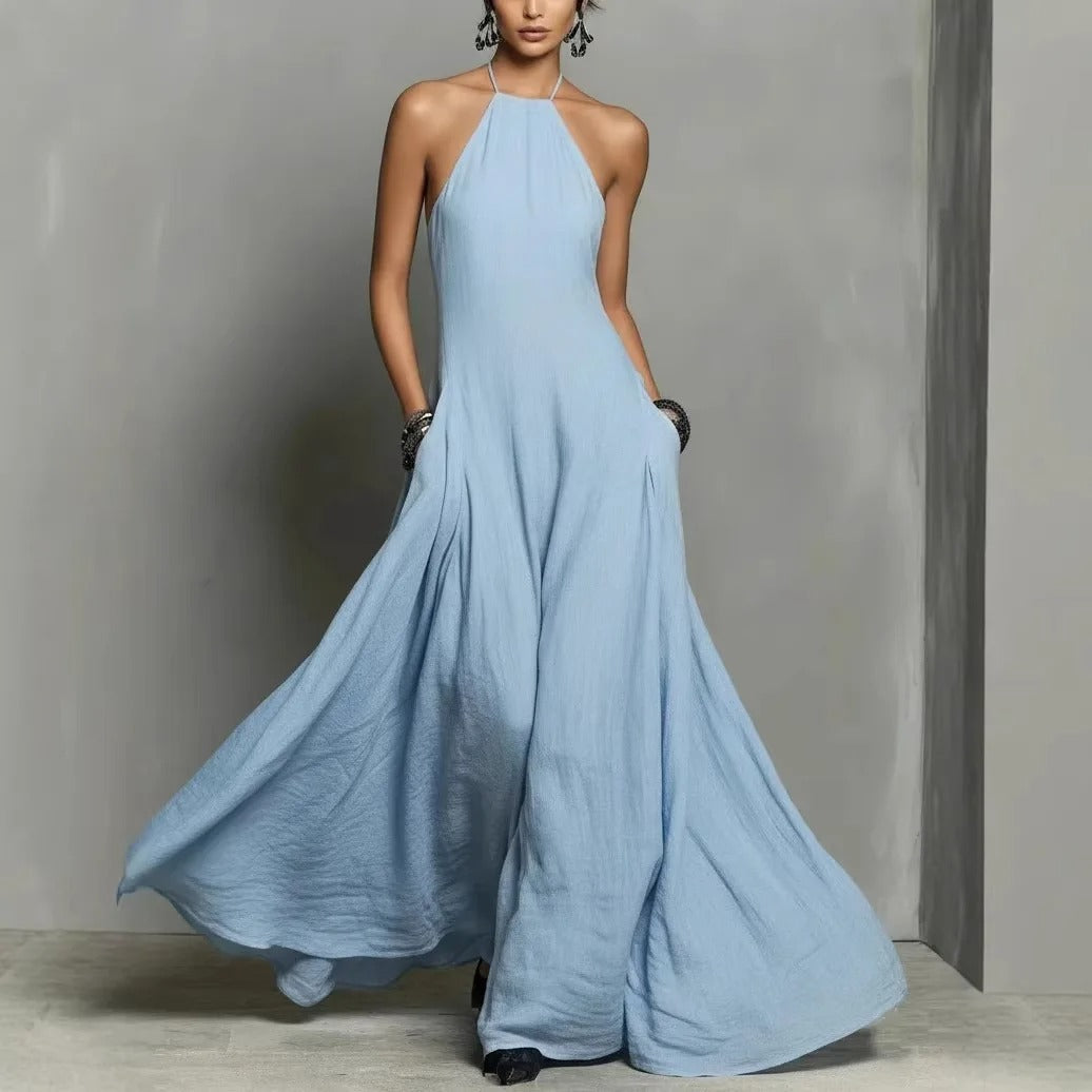 Halter Neck Sleeveless Linen Blend Maxi Dress