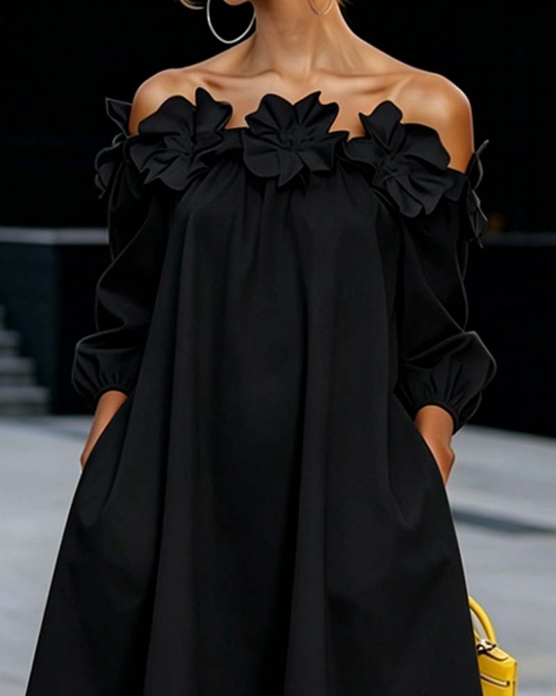 Off-shoulder floral appliqué dress for women by Bennett and Lowe, featuring a feminine fit with vibrant floral details.