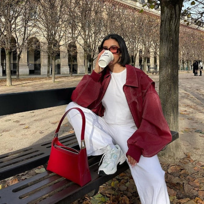 Oversized Faux Leather Jacket Red Biker Statement