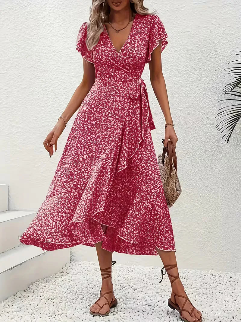 Floral Wrap Dress V Neck Short Sleeve Asymmetric