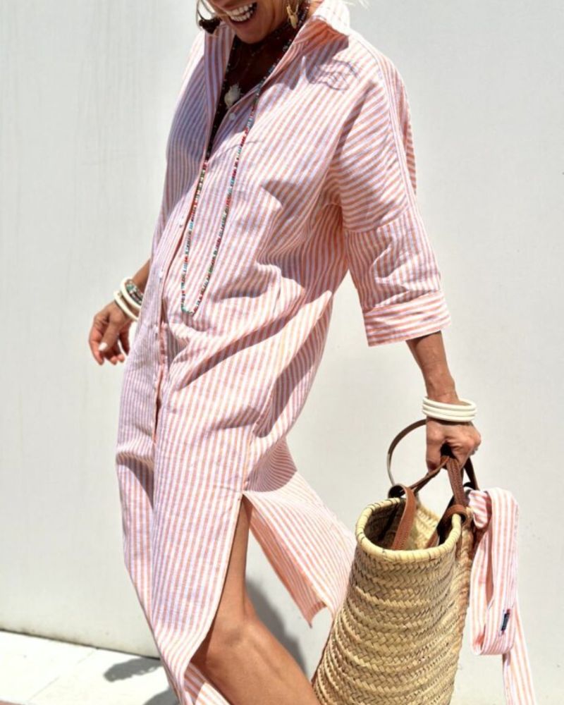 Striped Button-Front Midi Shirt Dress
