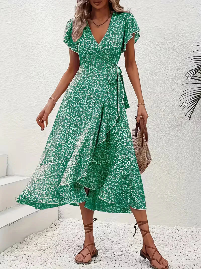 Floral Wrap Dress V Neck Short Sleeve Asymmetric