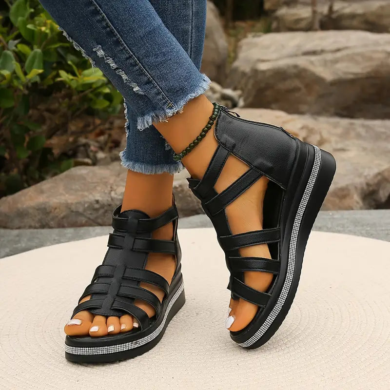Orthopedic Rhinestone Block Heel Sandals