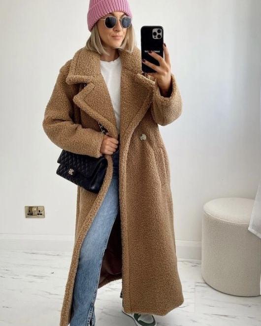 Long Teddy Coat Soft Plush Warm Look Comfortable Winter