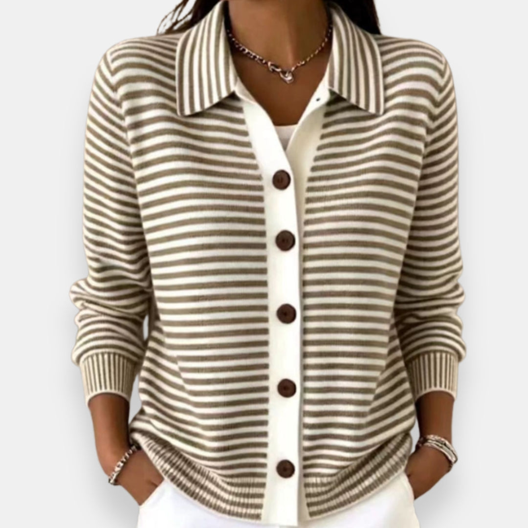 Striped Bennett and Lowe Nola long-sleeve knit cardigan with button-front closure and ribbed cuffs, perfect for women's casual wear.