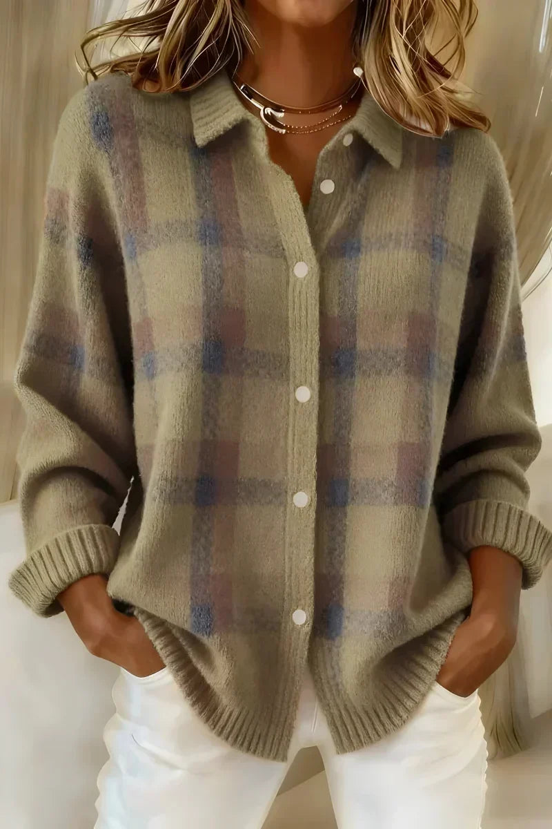 Taylor checked knit cardigan for women by Bennett and Lowe, featuring a cozy, patterned knit with button closure and long sleeves.