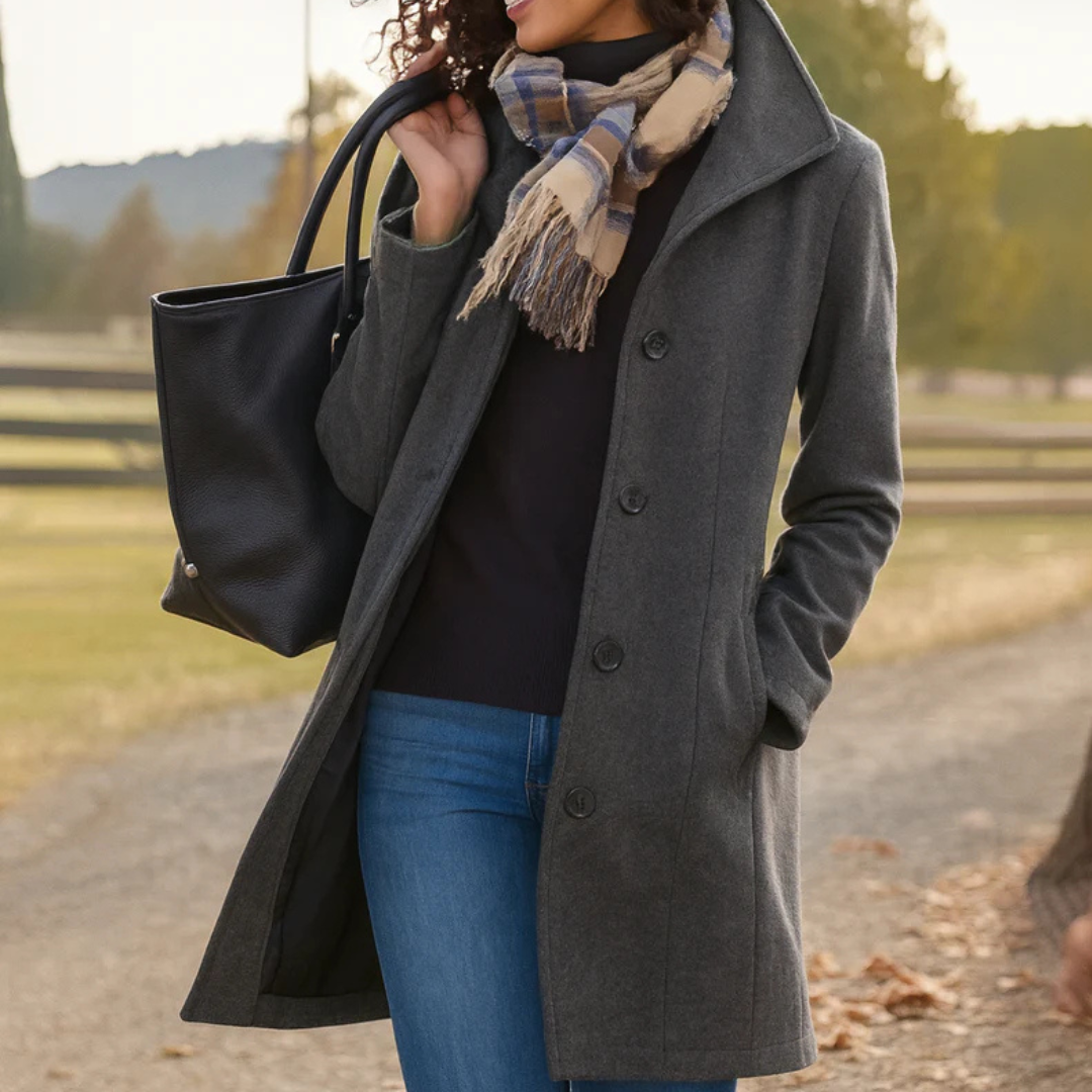 Mid Length Button Coat Classic Refined Everyday Elegant
