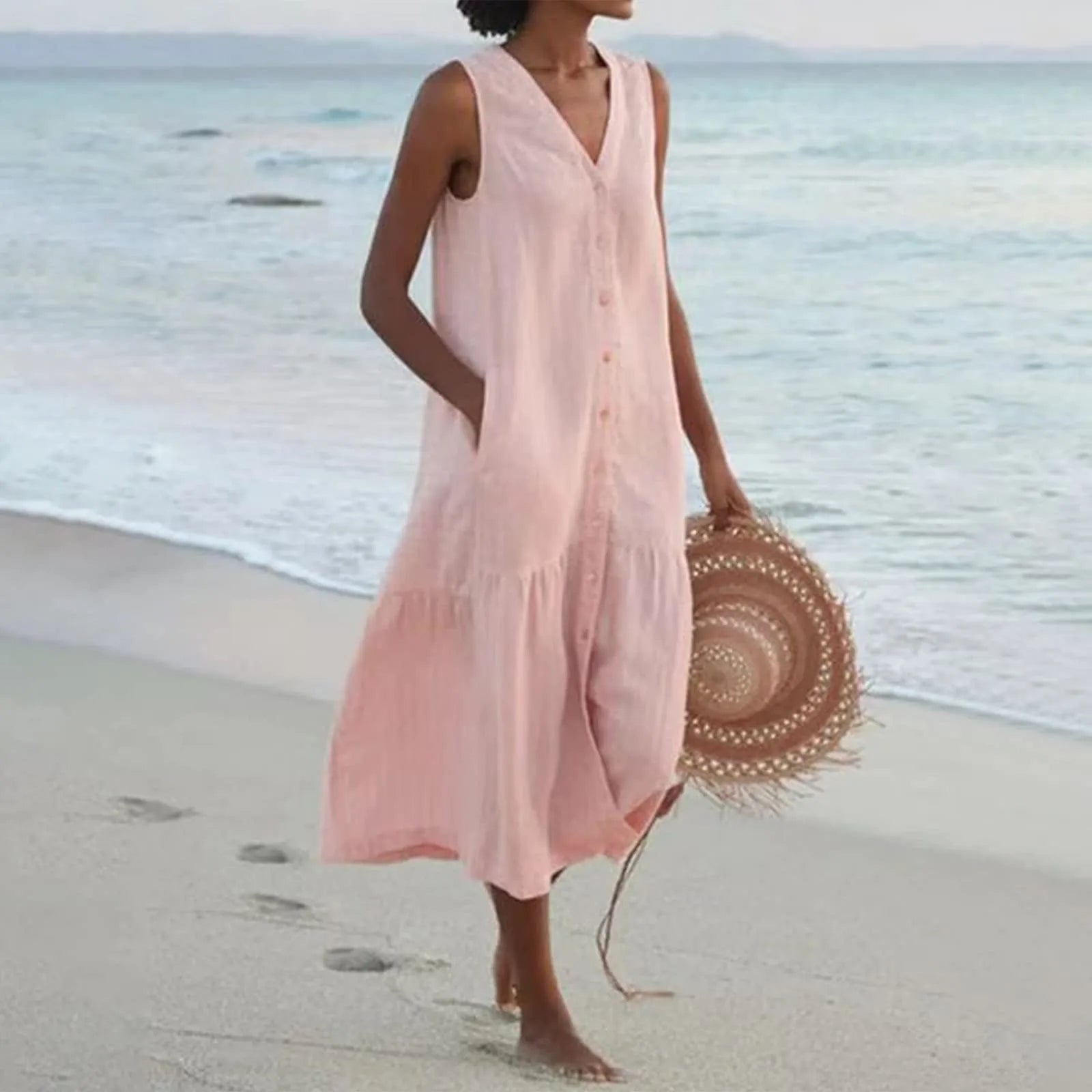 Button-Front V-Neck Midi Dress Summer