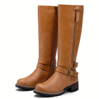 Tall Leather Boots Knee High Block Heel Round Toe Elegant