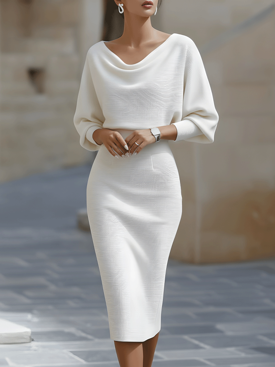 Bennett and Lowe Lydia draped batwing-sleeve long sleeve midi dress for women, featuring a flowing silhouette and elegant design.