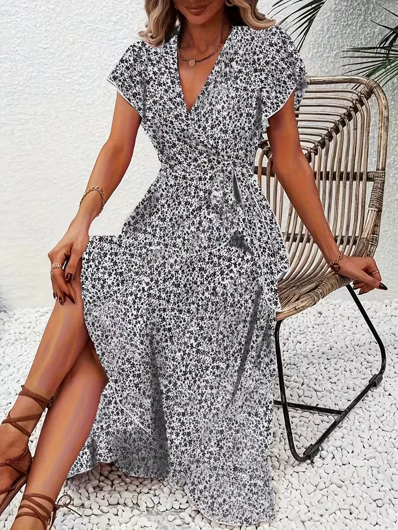 Floral Wrap Dress V Neck Short Sleeve Asymmetric