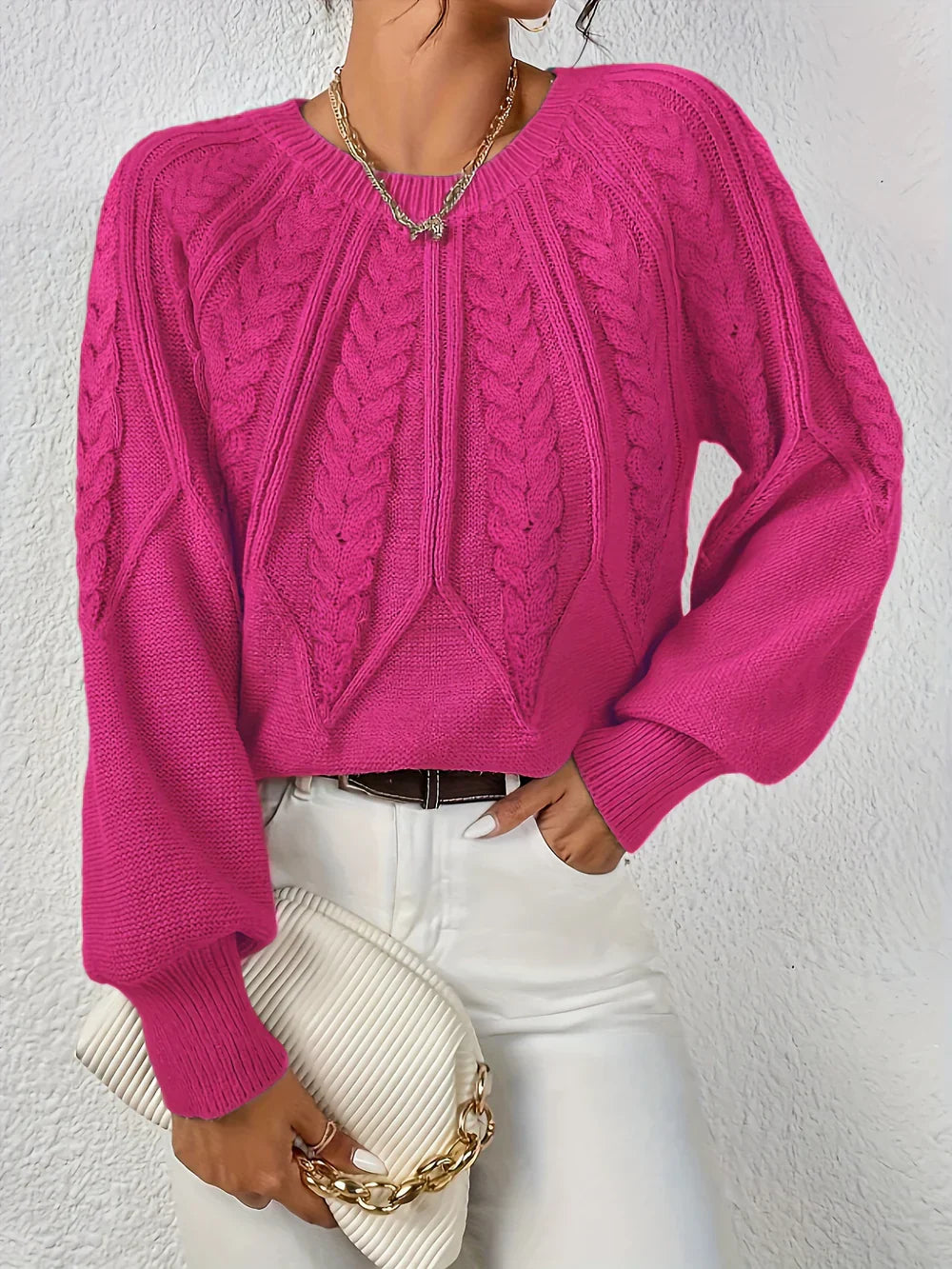 Cable Knit Jumper Relaxed Fit Round Neck Long Sleeve Winter