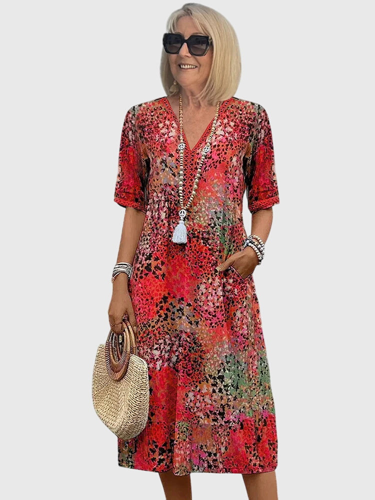 Printed V-Neck Midi Dress