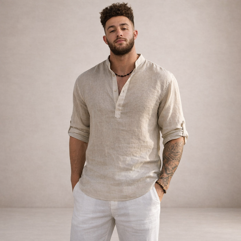 Men's Linen Shirt Regular Fit Breathable Stand-Up Collar Long Sleeves