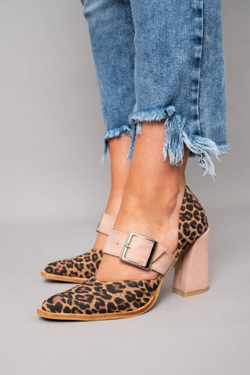 Leopard Print Suede Block Heel Sandals Khaki
