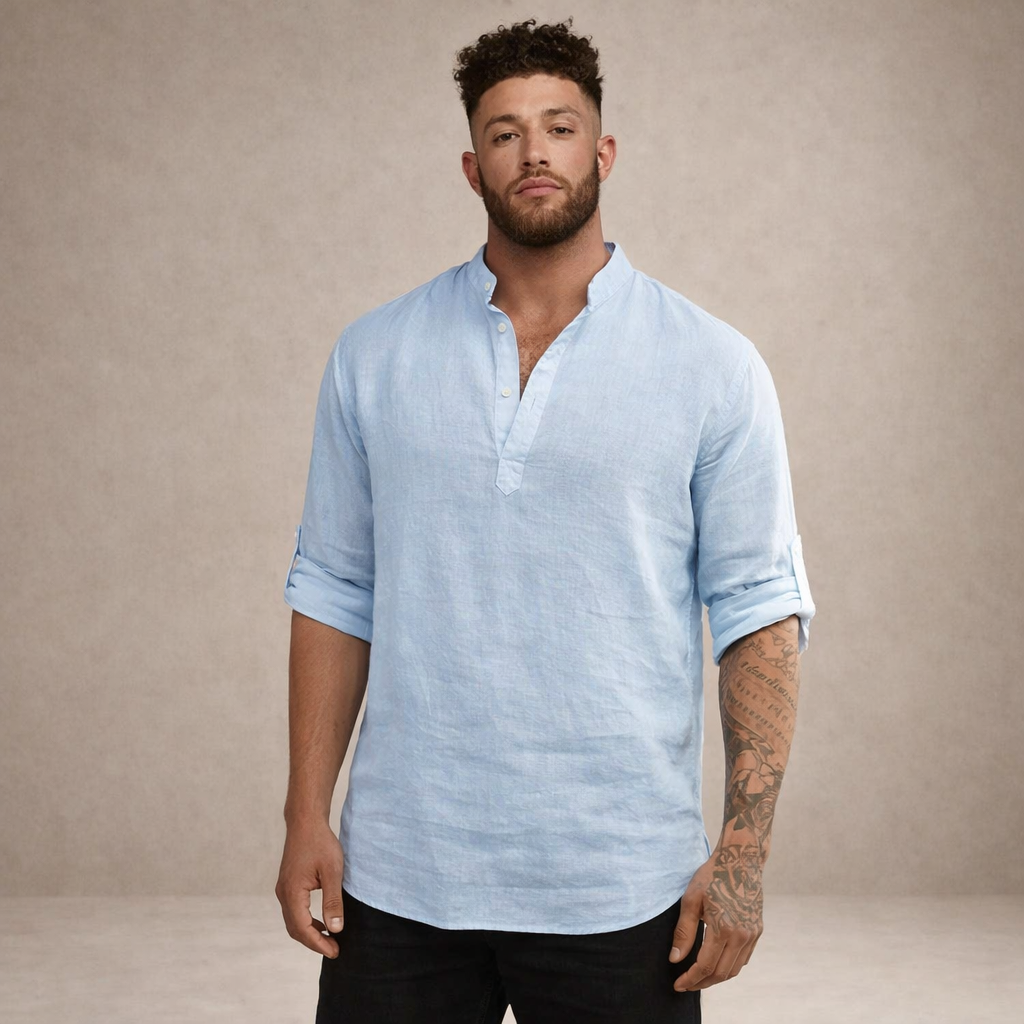 Men's Linen Shirt Regular Fit Breathable Stand-Up Collar Long Sleeves