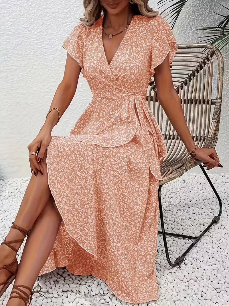 Floral Wrap Dress V Neck Short Sleeve Asymmetric