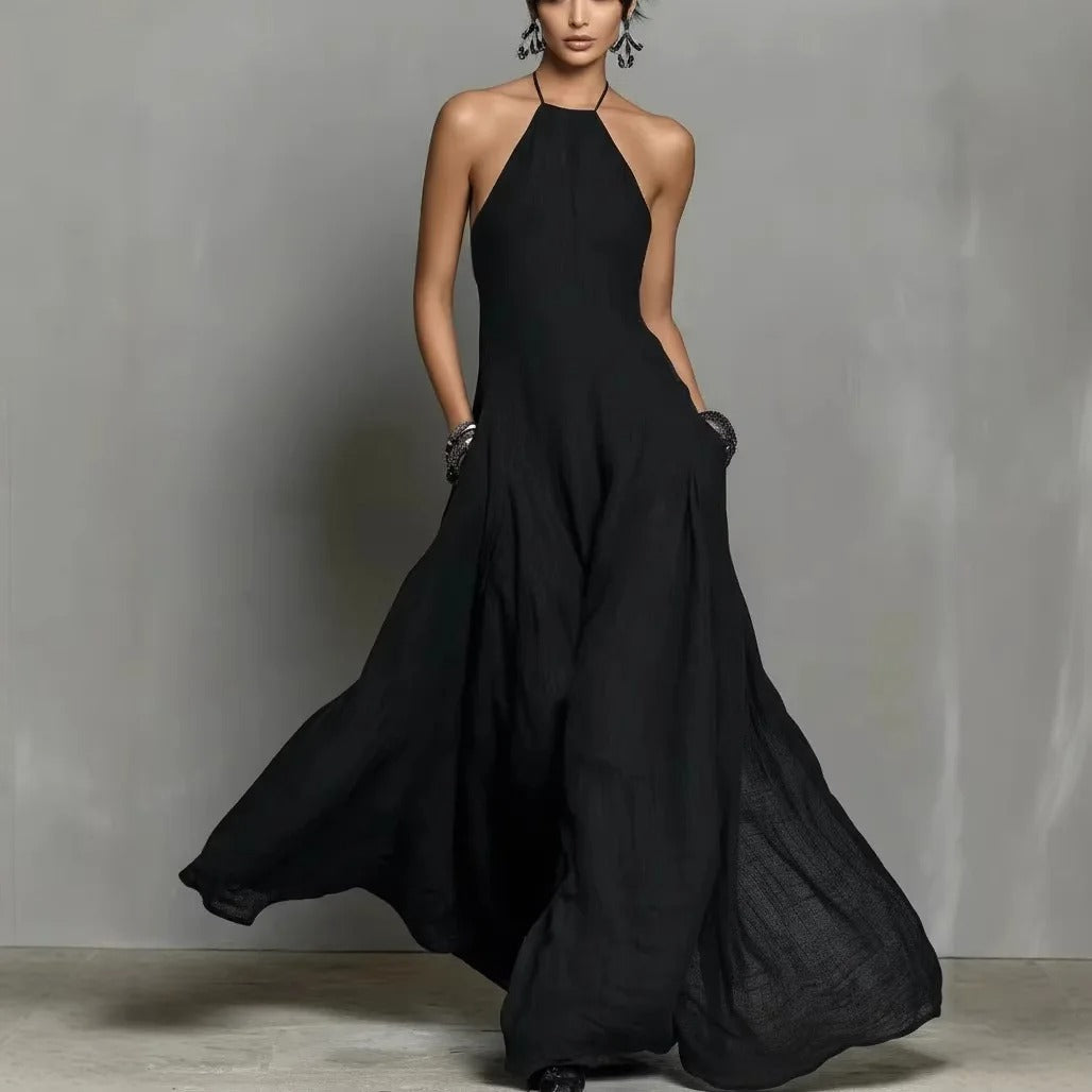 Halter Neck Sleeveless Linen Blend Maxi Dress