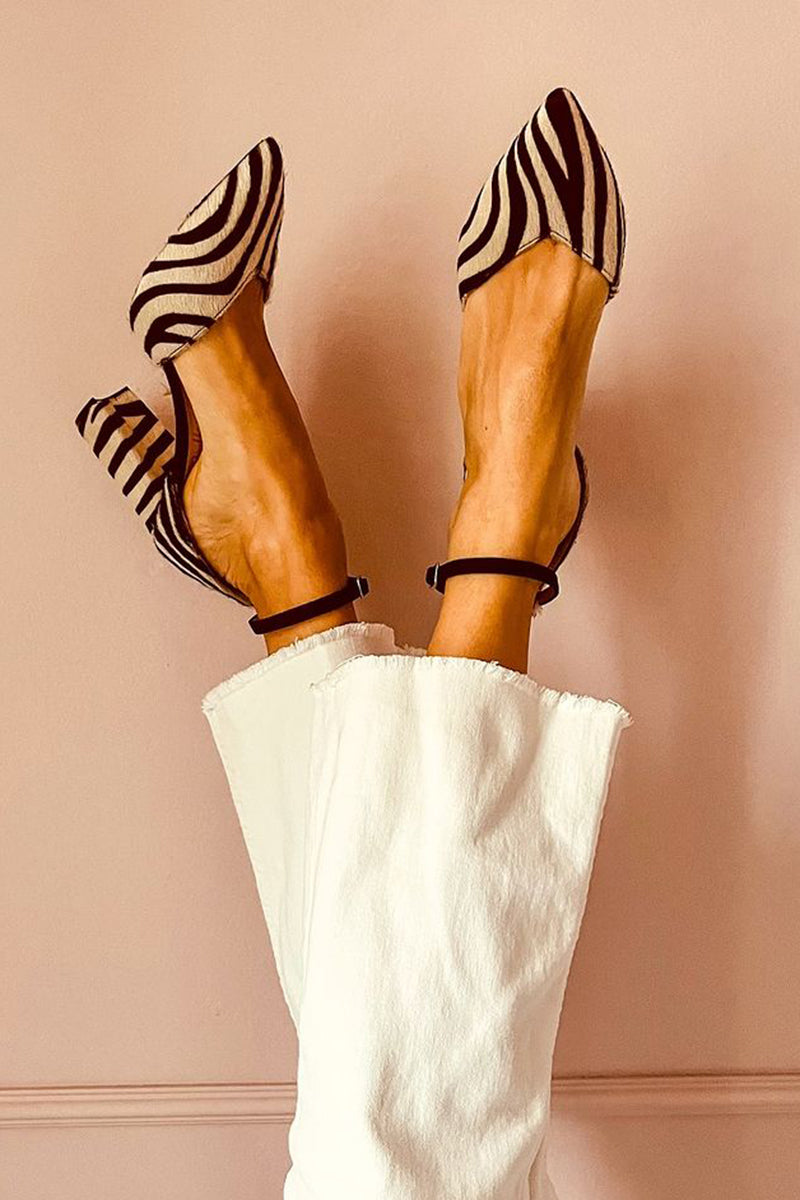 Zebra Print Heel Sandals Ankle Strap Khaki