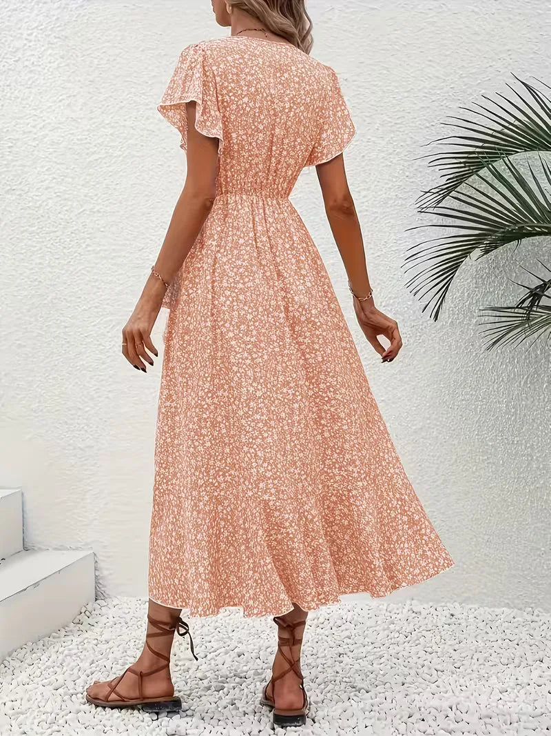Floral Wrap Dress V Neck Short Sleeve Asymmetric