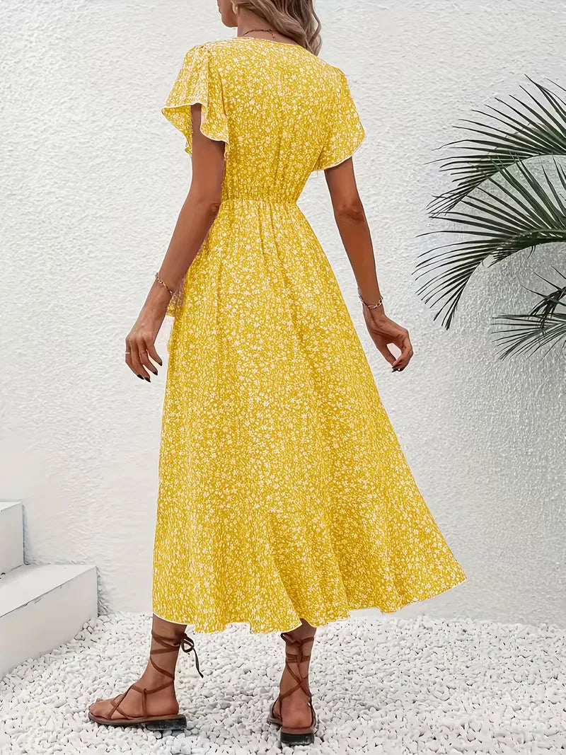 Floral Wrap Dress V Neck Short Sleeve Asymmetric