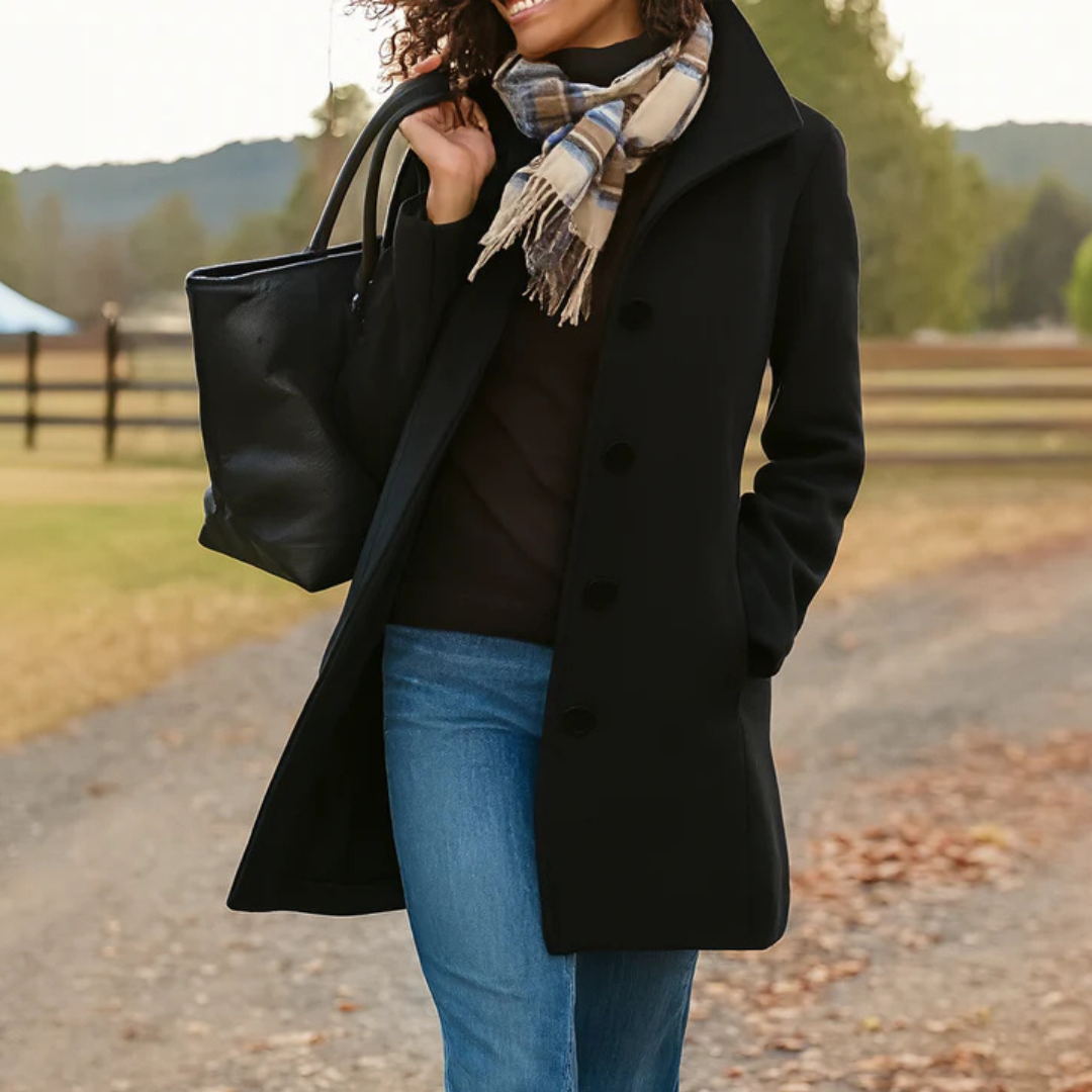 Mid Length Button Coat Classic Refined Everyday Elegant