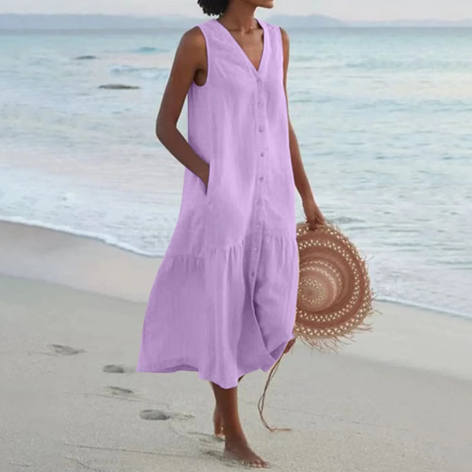 Button-Front V-Neck Midi Dress Summer