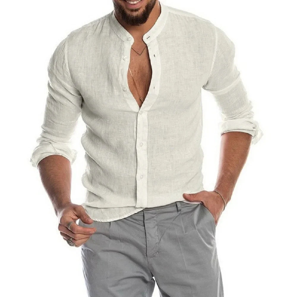 Grandad Collar Shirt Cotton Linen Summer