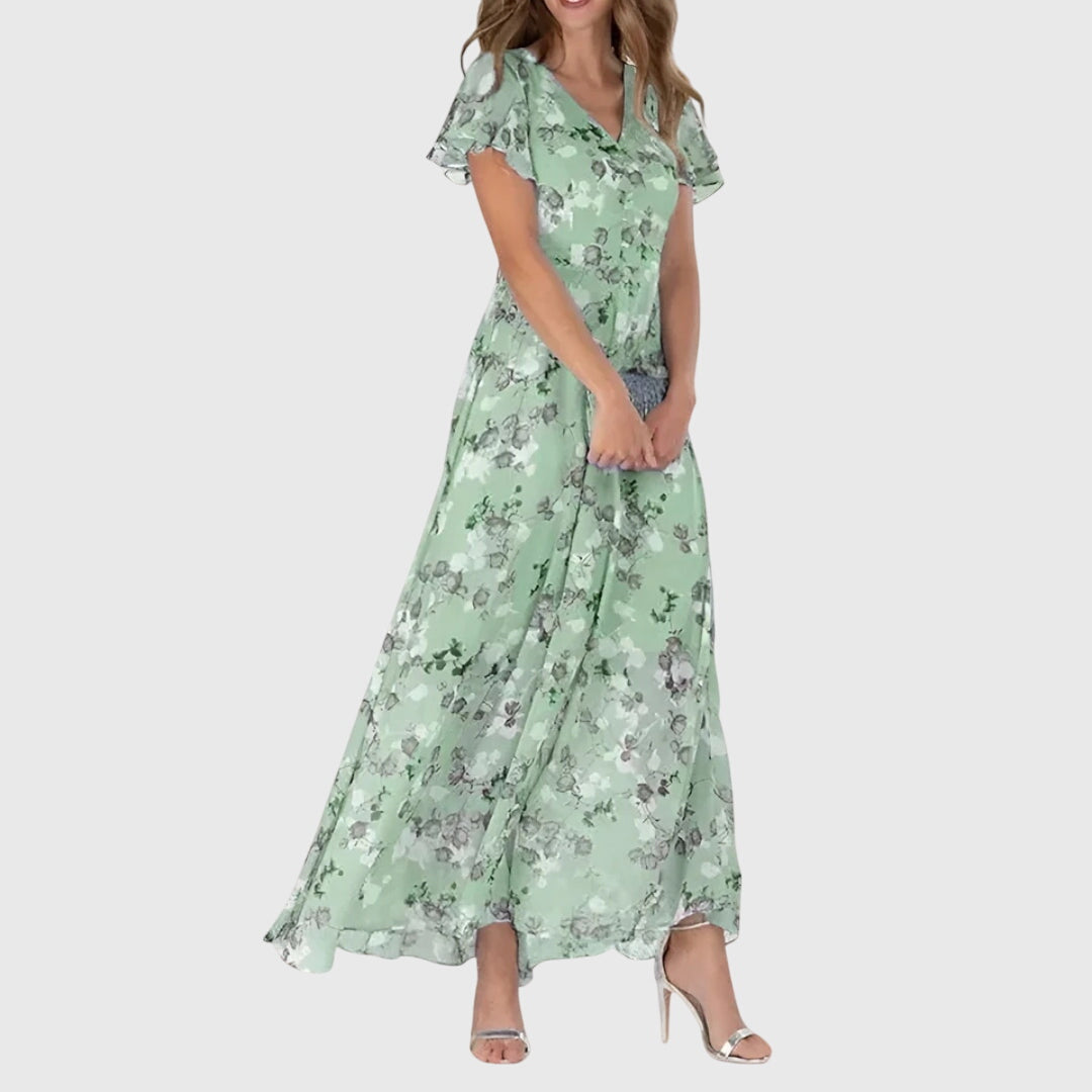 Floral V-Neck Maxi Dress Short Sleeve