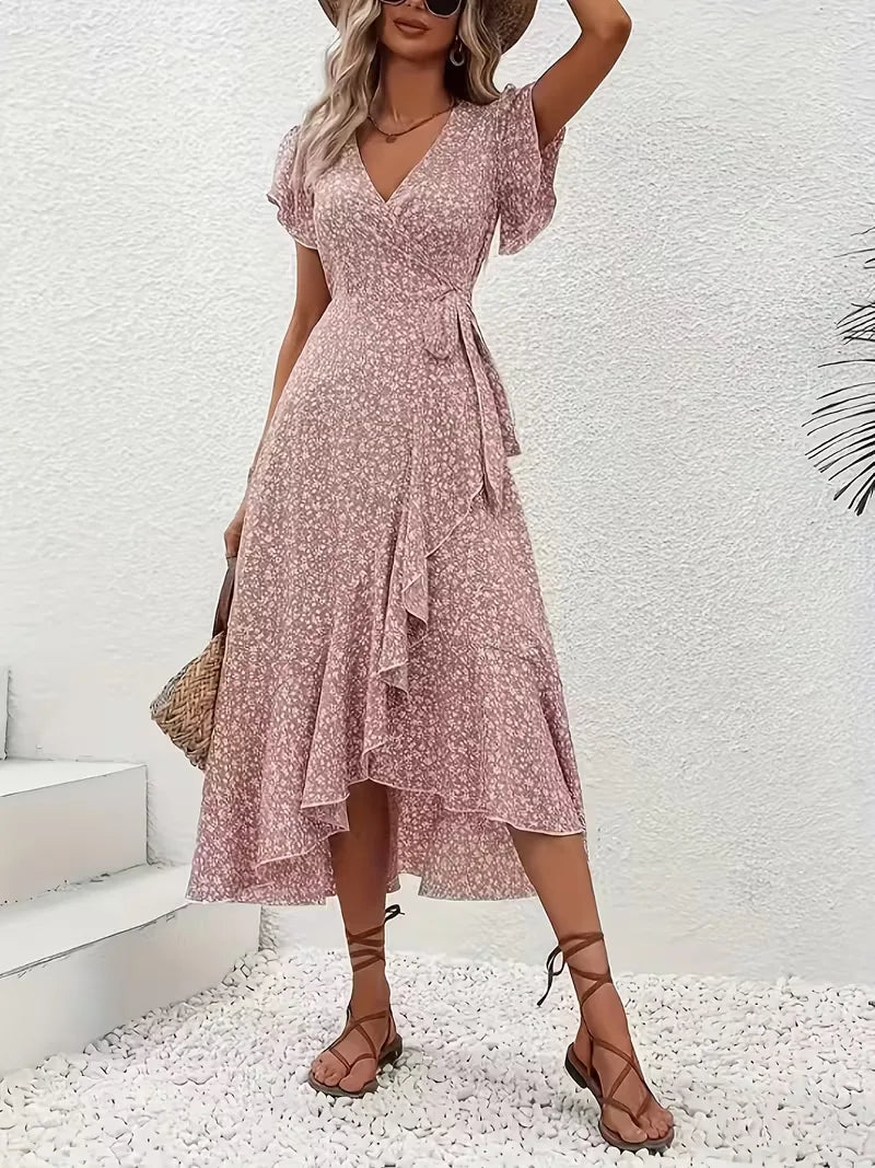 Floral Wrap Dress V Neck Short Sleeve Asymmetric