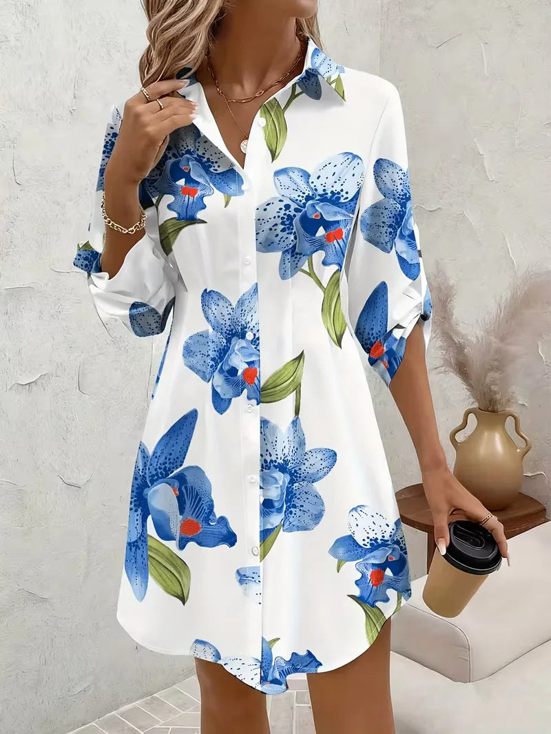 Floral Shirt Dress V Neck Long Sleeve
