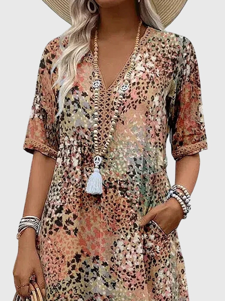 Printed V-Neck Midi Dress